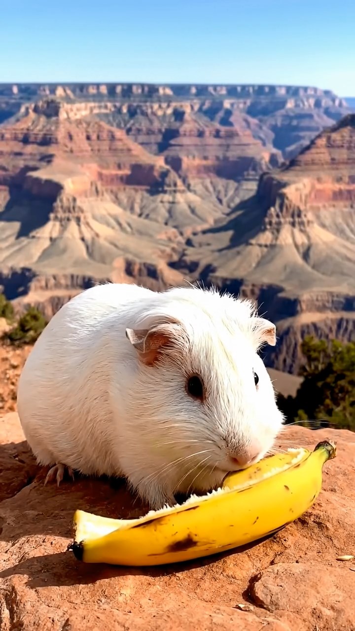 1260. Photorealistic image of 1 smooth-haired Skinny guinea pig with white fur, nibbling on banana skins, along a Grand Canyon rim trail with vast chasms.