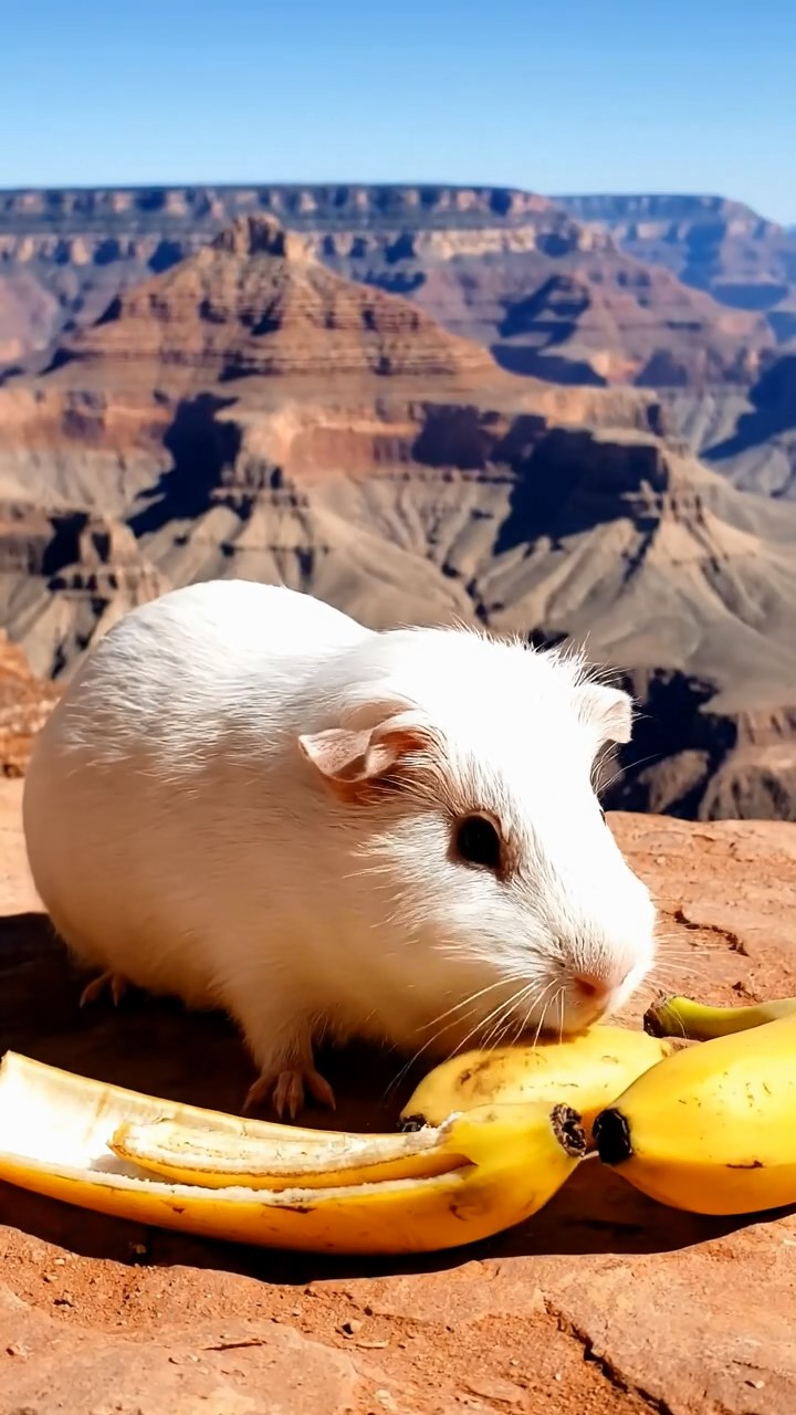 1260. Photorealistic image of 1 smooth-haired Skinny guinea pig with white fur, nibbling on banana skins, along a Grand Canyon rim trail with vast chasms.