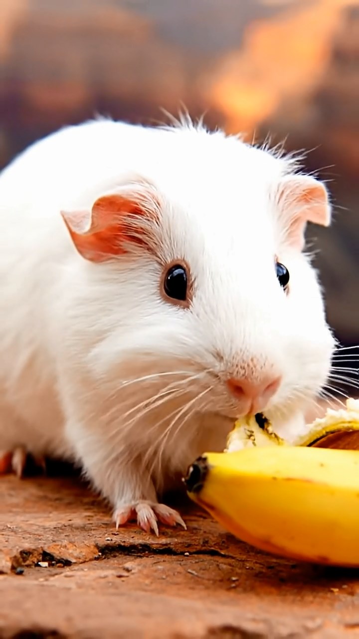 1260. Photorealistic image of 1 smooth-haired Skinny guinea pig with white fur, nibbling on banana skins, along a Grand Canyon rim trail with vast chasms.