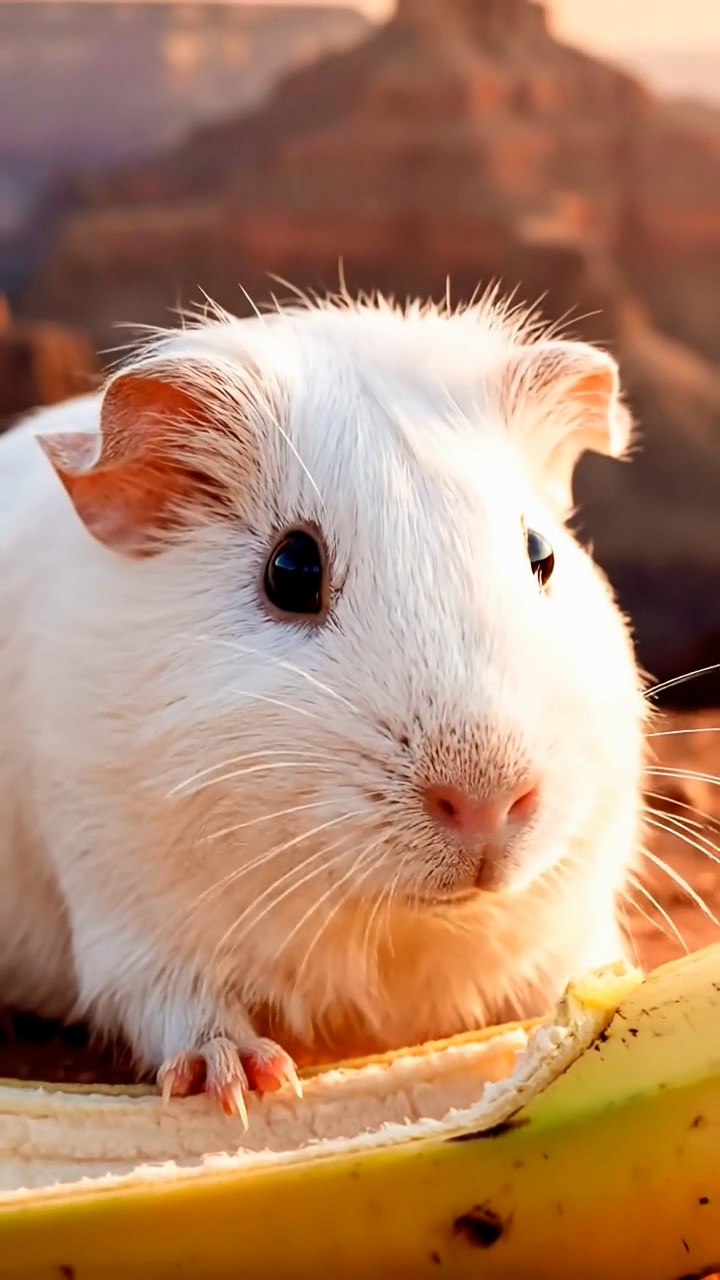1260. Photorealistic image of 1 smooth-haired Skinny guinea pig with white fur, nibbling on banana skins, along a Grand Canyon rim trail with vast chasms.