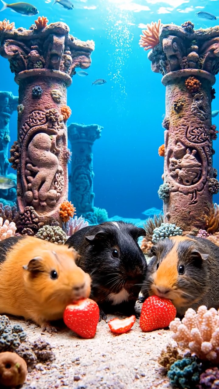 1261. Realistic scene of 4 smooth-haired American guinea pigs with orange, gray, and black fur, chewing on strawberry hulls, in a lost city of Atlantis with coral pillars.
