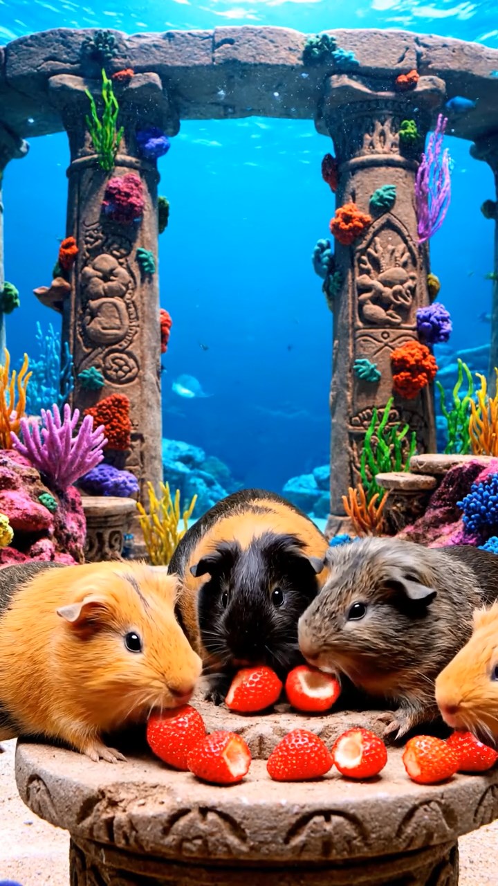 1261. Realistic scene of 4 smooth-haired American guinea pigs with orange, gray, and black fur, chewing on strawberry hulls, in a lost city of Atlantis with coral pillars.