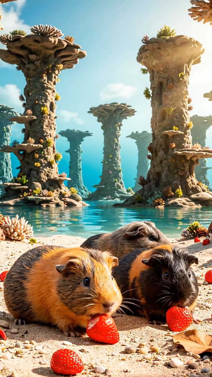 1261. Realistic scene of 4 smooth-haired American guinea pigs with orange, gray, and black fur, chewing on strawberry hulls, in a lost city of Atlantis with coral pillars.