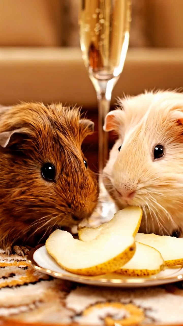 1262. Highly detailed view of 2 smooth-haired Abyssinian guinea pigs in brown and cream colors, sharing pear wedges, inside a opulent superyacht lounge with champagne.
