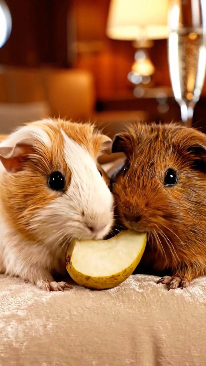 1262. Highly detailed view of 2 smooth-haired Abyssinian guinea pigs in brown and cream colors, sharing pear wedges, inside a opulent superyacht lounge with champagne.