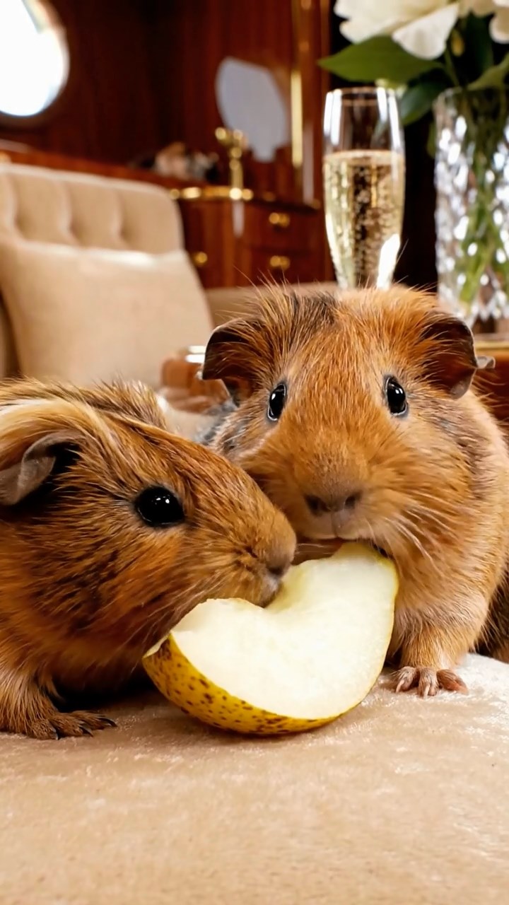 1262. Highly detailed view of 2 smooth-haired Abyssinian guinea pigs in brown and cream colors, sharing pear wedges, inside a opulent superyacht lounge with champagne.