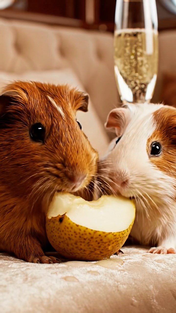 1262. Highly detailed view of 2 smooth-haired Abyssinian guinea pigs in brown and cream colors, sharing pear wedges, inside a opulent superyacht lounge with champagne.