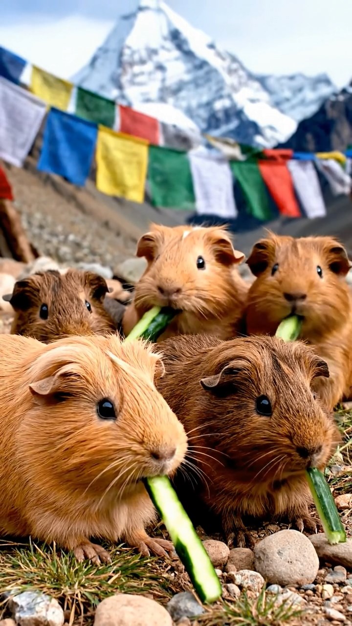 1263. Photorealistic photo of 5 smooth-haired Peruvian guinea pigs with fawn, chocolate, and cinnamon fur, munching on cucumber sticks, at a Himalayan base camp with prayer flags.