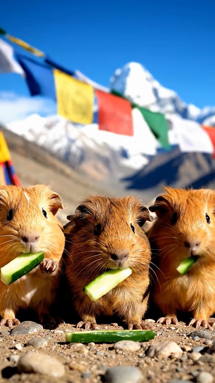 1263. Photorealistic photo of 5 smooth-haired Peruvian guinea pigs with fawn, chocolate, and cinnamon fur, munching on cucumber sticks, at a Himalayan base camp with prayer flags.
