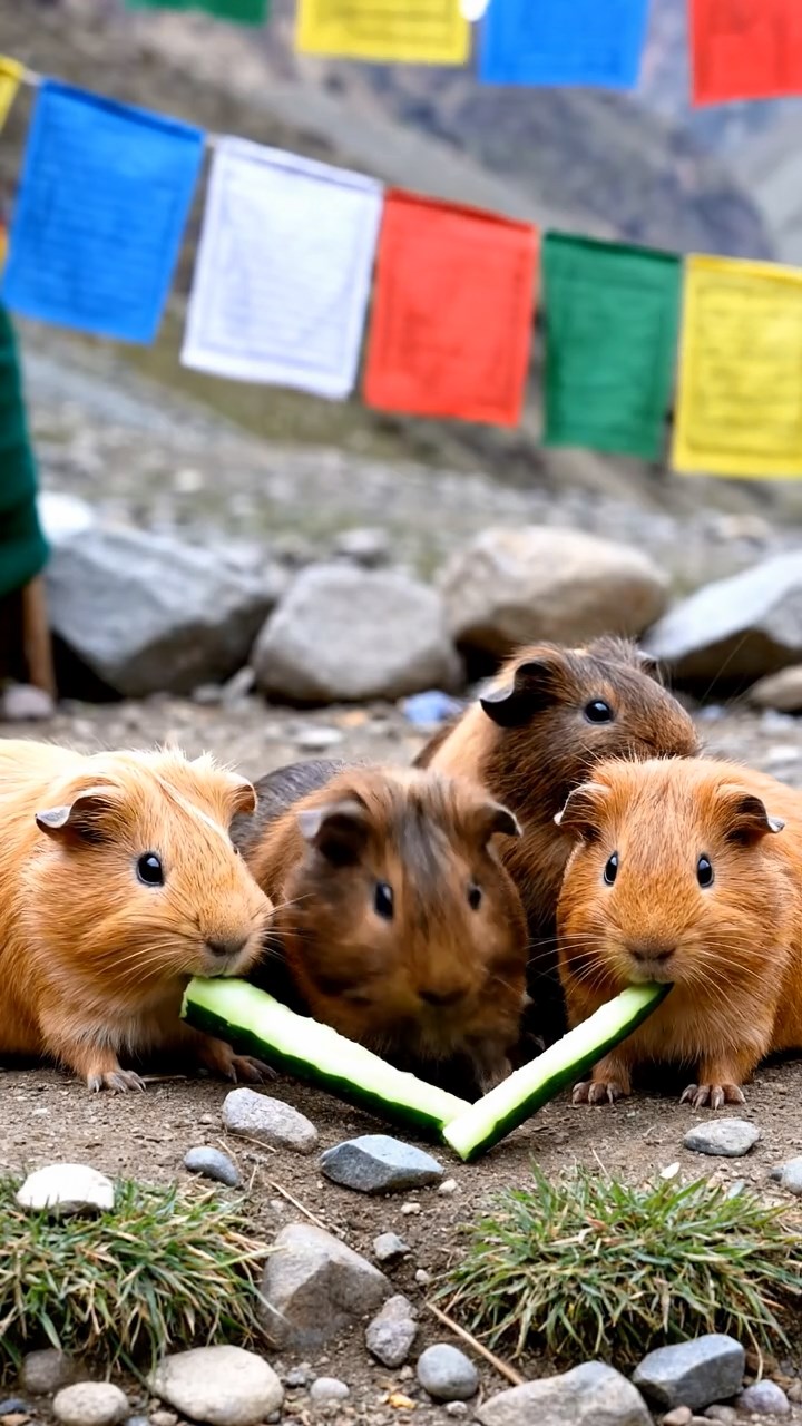 1263. Photorealistic photo of 5 smooth-haired Peruvian guinea pigs with fawn, chocolate, and cinnamon fur, munching on cucumber sticks, at a Himalayan base camp with prayer flags.
