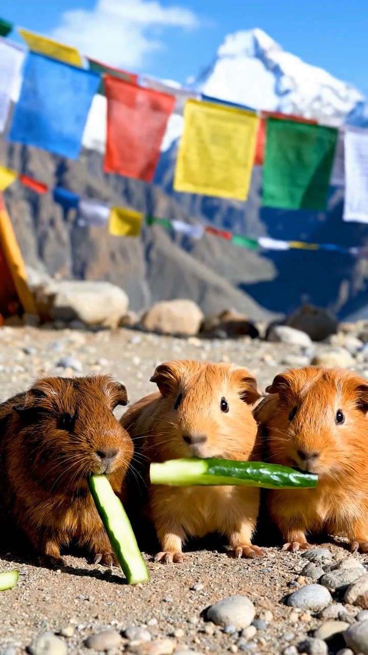 1263. Photorealistic photo of 5 smooth-haired Peruvian guinea pigs with fawn, chocolate, and cinnamon fur, munching on cucumber sticks, at a Himalayan base camp with prayer flags.