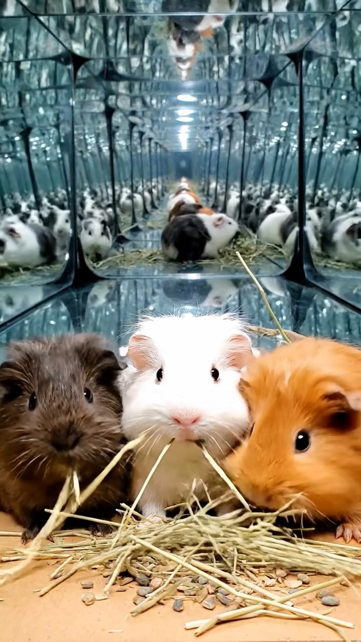 1264. Realistic depiction of 3 smooth-haired Silkie guinea pigs with sable, white, and orange fur, eating timothy hay strands, in a trippy optical illusion exhibit with mirrors.