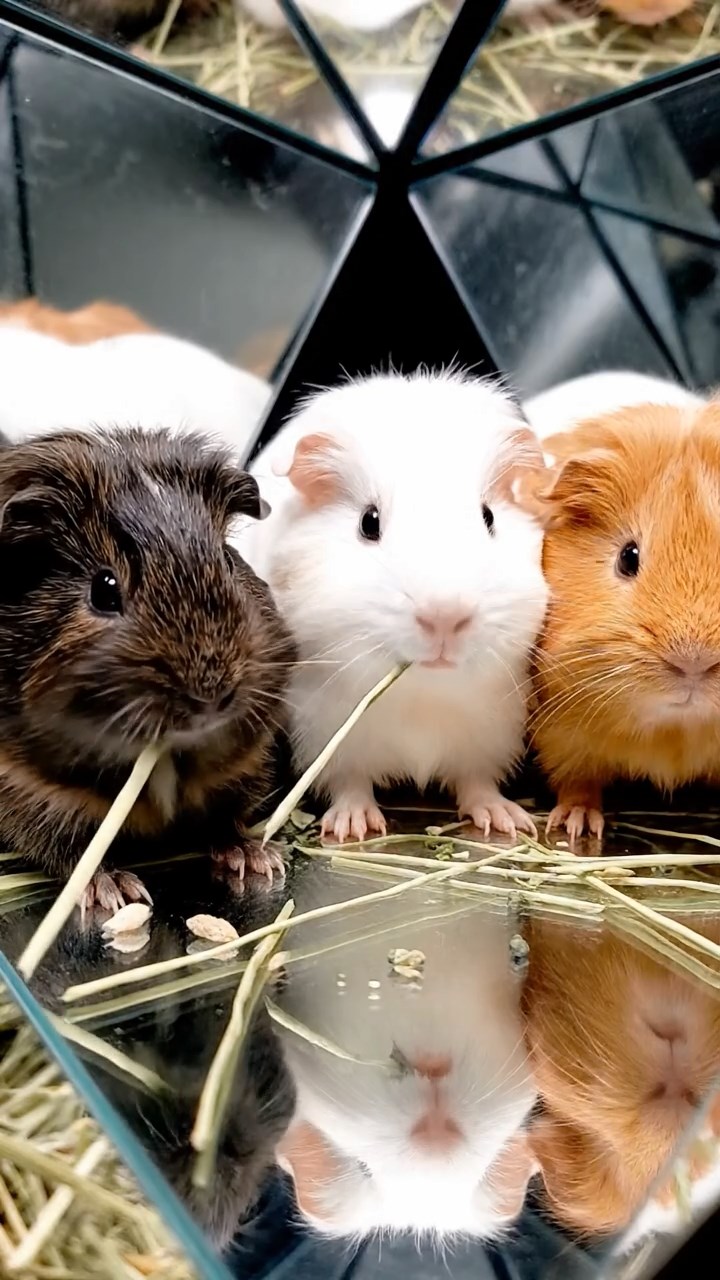 1264. Realistic depiction of 3 smooth-haired Silkie guinea pigs with sable, white, and orange fur, eating timothy hay strands, in a trippy optical illusion exhibit with mirrors.