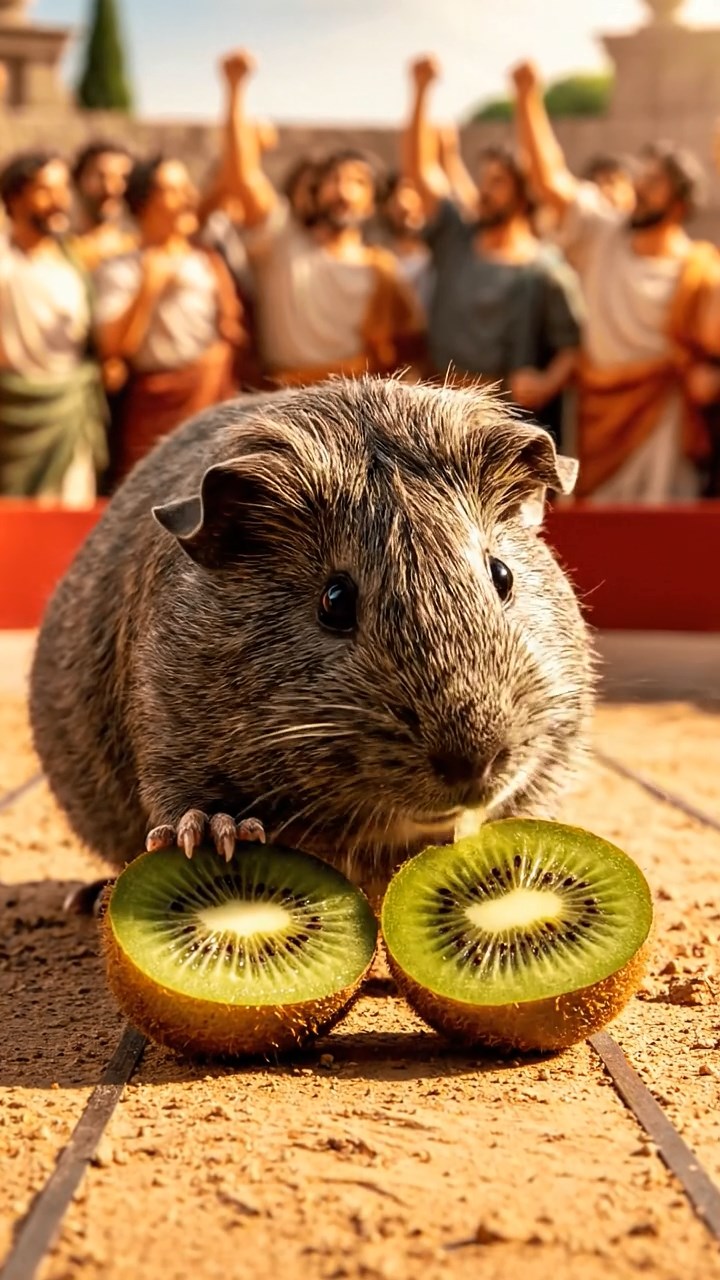 1265. Detailed image of 1 smooth-haired Teddy guinea pig with gray fur, nibbling on kiwi halves, on a Circus Maximus chariot track with cheering Romans.