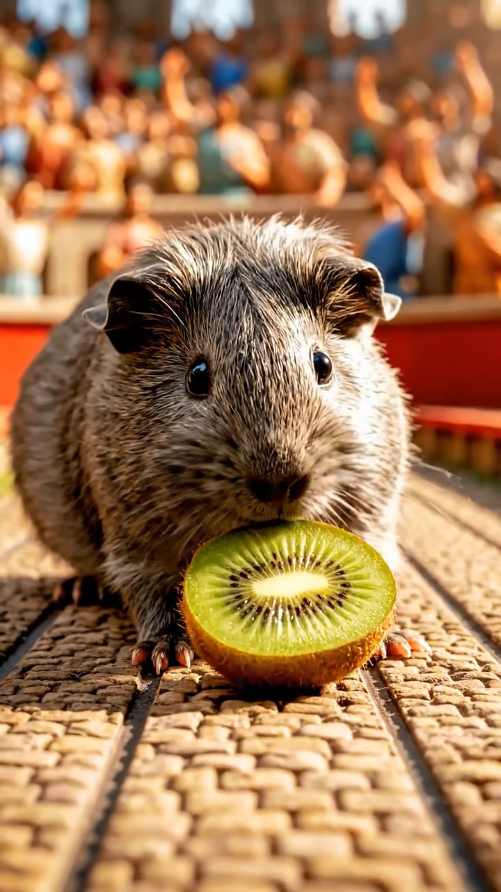 1265. Detailed image of 1 smooth-haired Teddy guinea pig with gray fur, nibbling on kiwi halves, on a Circus Maximus chariot track with cheering Romans.