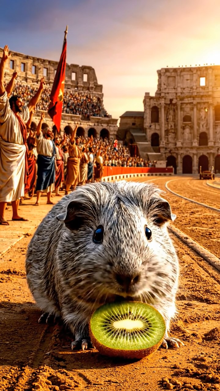 1265. Detailed image of 1 smooth-haired Teddy guinea pig with gray fur, nibbling on kiwi halves, on a Circus Maximus chariot track with cheering Romans.
