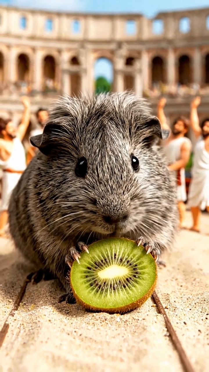 1265. Detailed image of 1 smooth-haired Teddy guinea pig with gray fur, nibbling on kiwi halves, on a Circus Maximus chariot track with cheering Romans.