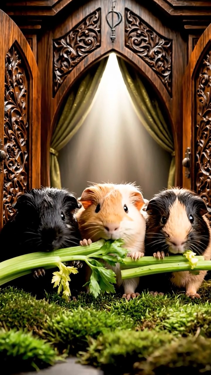 1266. Photorealistic scene of 4 smooth-haired Texel guinea pigs featuring black, brown, and cream coats, chewing on celery bunches, inside a magical Narnia wardrobe portal.