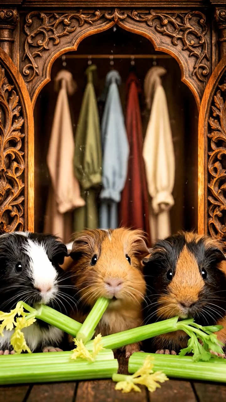 1266. Photorealistic scene of 4 smooth-haired Texel guinea pigs featuring black, brown, and cream coats, chewing on celery bunches, inside a magical Narnia wardrobe portal.