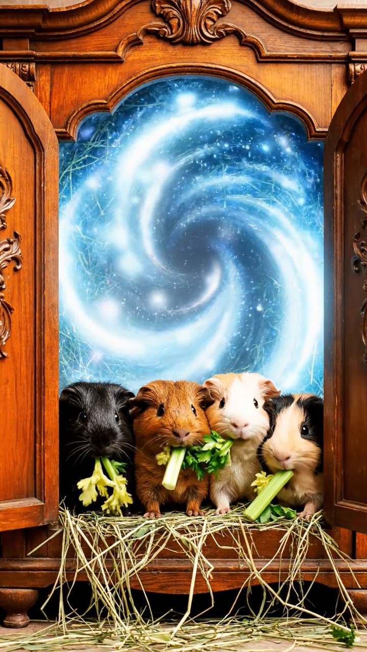 1266. Photorealistic scene of 4 smooth-haired Texel guinea pigs featuring black, brown, and cream coats, chewing on celery bunches, inside a magical Narnia wardrobe portal.