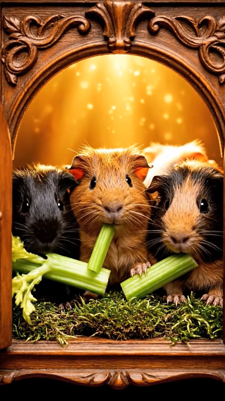 1266. Photorealistic scene of 4 smooth-haired Texel guinea pigs featuring black, brown, and cream coats, chewing on celery bunches, inside a magical Narnia wardrobe portal.
