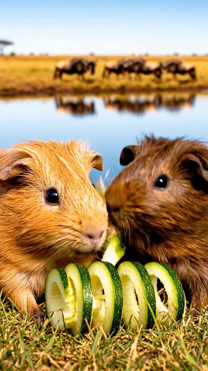 1267. Realistic photo of 2 smooth-haired Rex guinea pigs with fawn and chocolate fur, sharing zucchini spirals, by a Serengeti watering hole with migrating wildebeest.