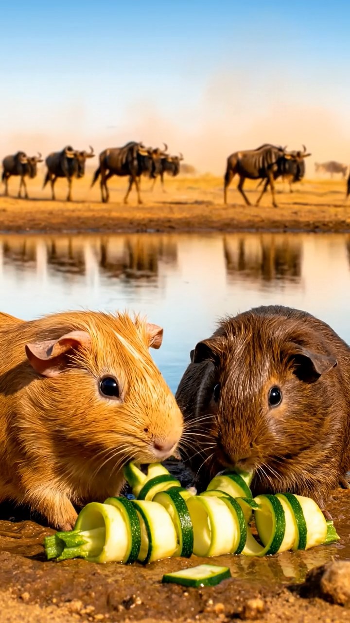 1267. Realistic photo of 2 smooth-haired Rex guinea pigs with fawn and chocolate fur, sharing zucchini spirals, by a Serengeti watering hole with migrating wildebeest.