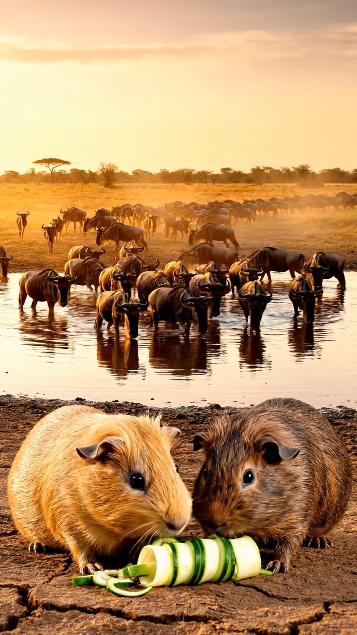 1267. Realistic photo of 2 smooth-haired Rex guinea pigs with fawn and chocolate fur, sharing zucchini spirals, by a Serengeti watering hole with migrating wildebeest.