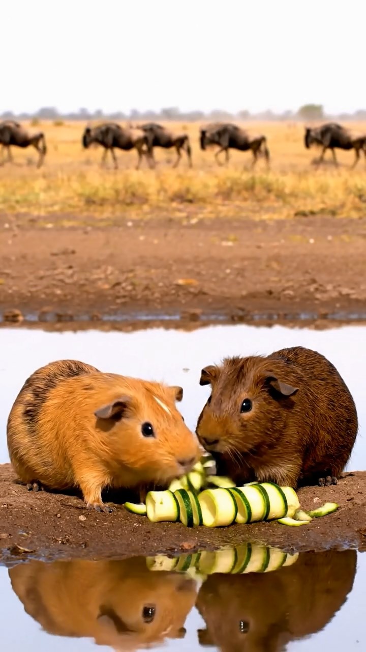 1267. Realistic photo of 2 smooth-haired Rex guinea pigs with fawn and chocolate fur, sharing zucchini spirals, by a Serengeti watering hole with migrating wildebeest.