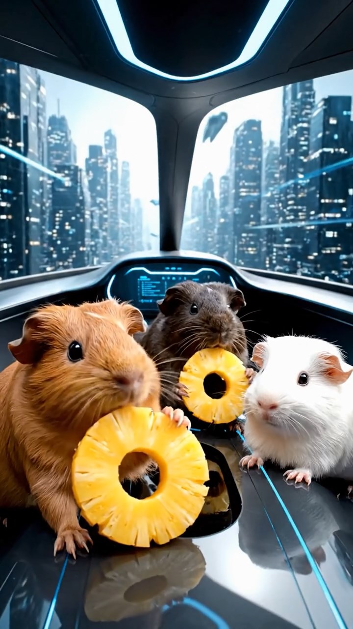 1268. Highly detailed view of 3 smooth-haired Coronet guinea pigs in cinnamon, sable, and white colors, munching on pineapple rings, inside a sleek flying car cockpit over metropolis.