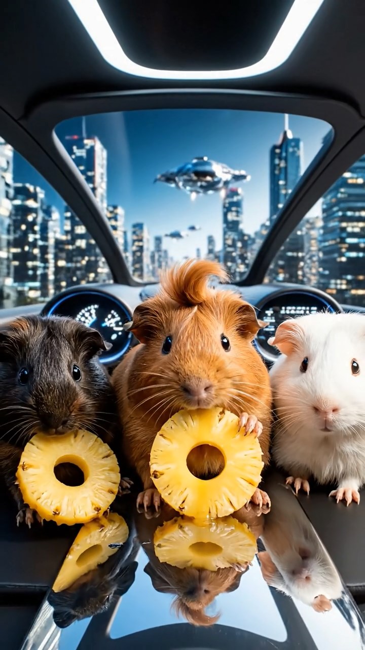1268. Highly detailed view of 3 smooth-haired Coronet guinea pigs in cinnamon, sable, and white colors, munching on pineapple rings, inside a sleek flying car cockpit over metropolis.