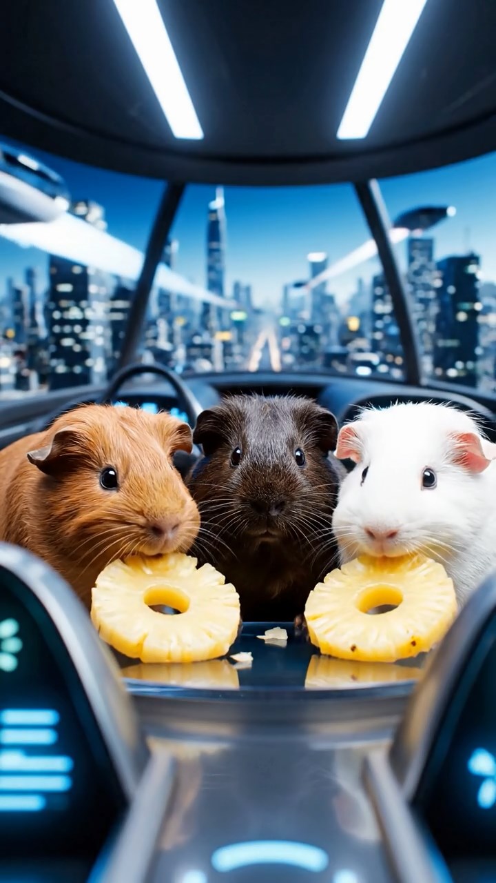 1268. Highly detailed view of 3 smooth-haired Coronet guinea pigs in cinnamon, sable, and white colors, munching on pineapple rings, inside a sleek flying car cockpit over metropolis.