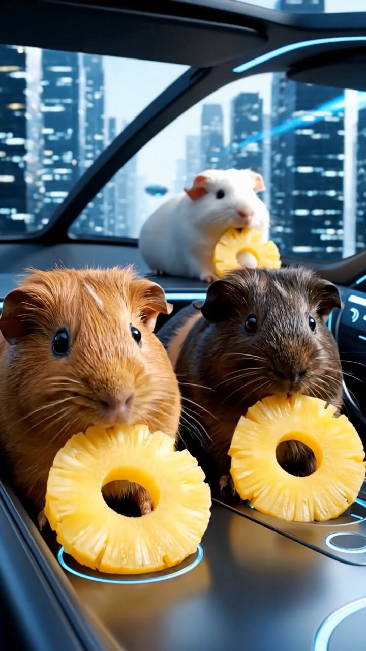 1268. Highly detailed view of 3 smooth-haired Coronet guinea pigs in cinnamon, sable, and white colors, munching on pineapple rings, inside a sleek flying car cockpit over metropolis.