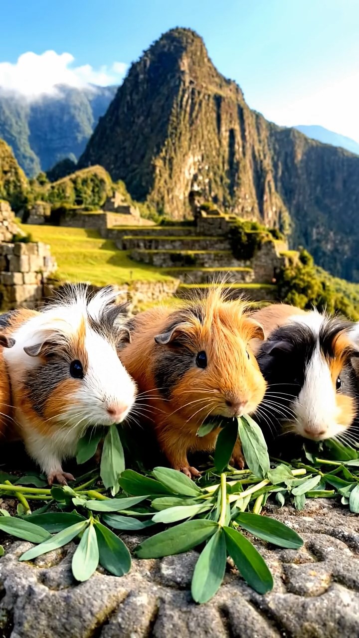 1269. Photorealistic image of 5 smooth-haired White Crested guinea pigs with orange, gray, and black fur, eating alfalfa leaves, on a Incan Machu Picchu stone terrace.