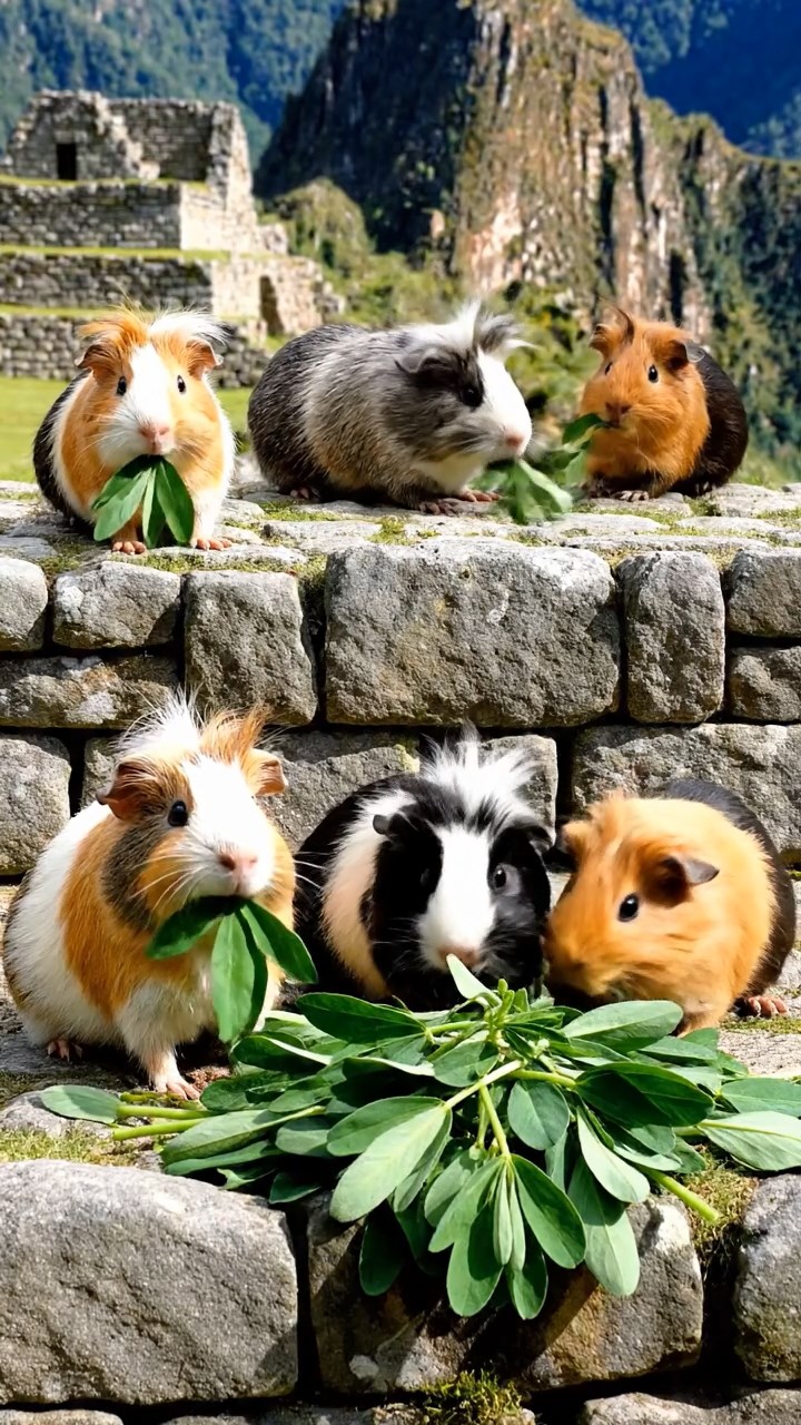 1269. Photorealistic image of 5 smooth-haired White Crested guinea pigs with orange, gray, and black fur, eating alfalfa leaves, on a Incan Machu Picchu stone terrace.