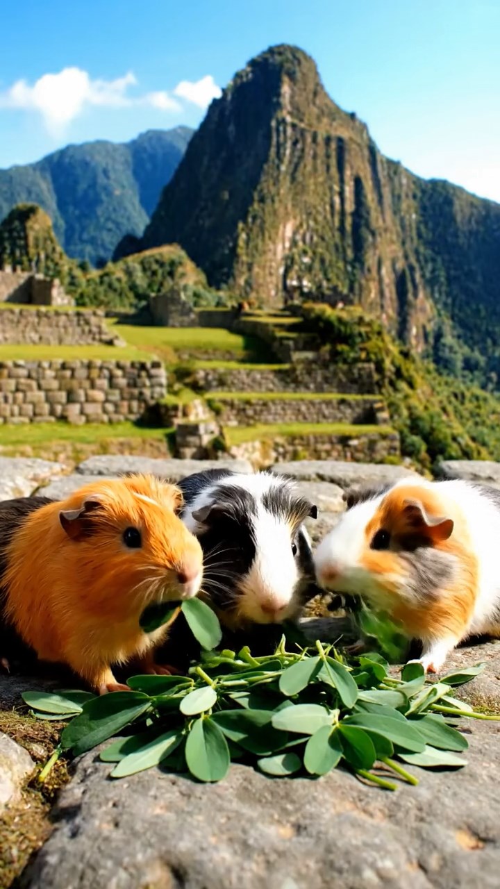 1269. Photorealistic image of 5 smooth-haired White Crested guinea pigs with orange, gray, and black fur, eating alfalfa leaves, on a Incan Machu Picchu stone terrace.