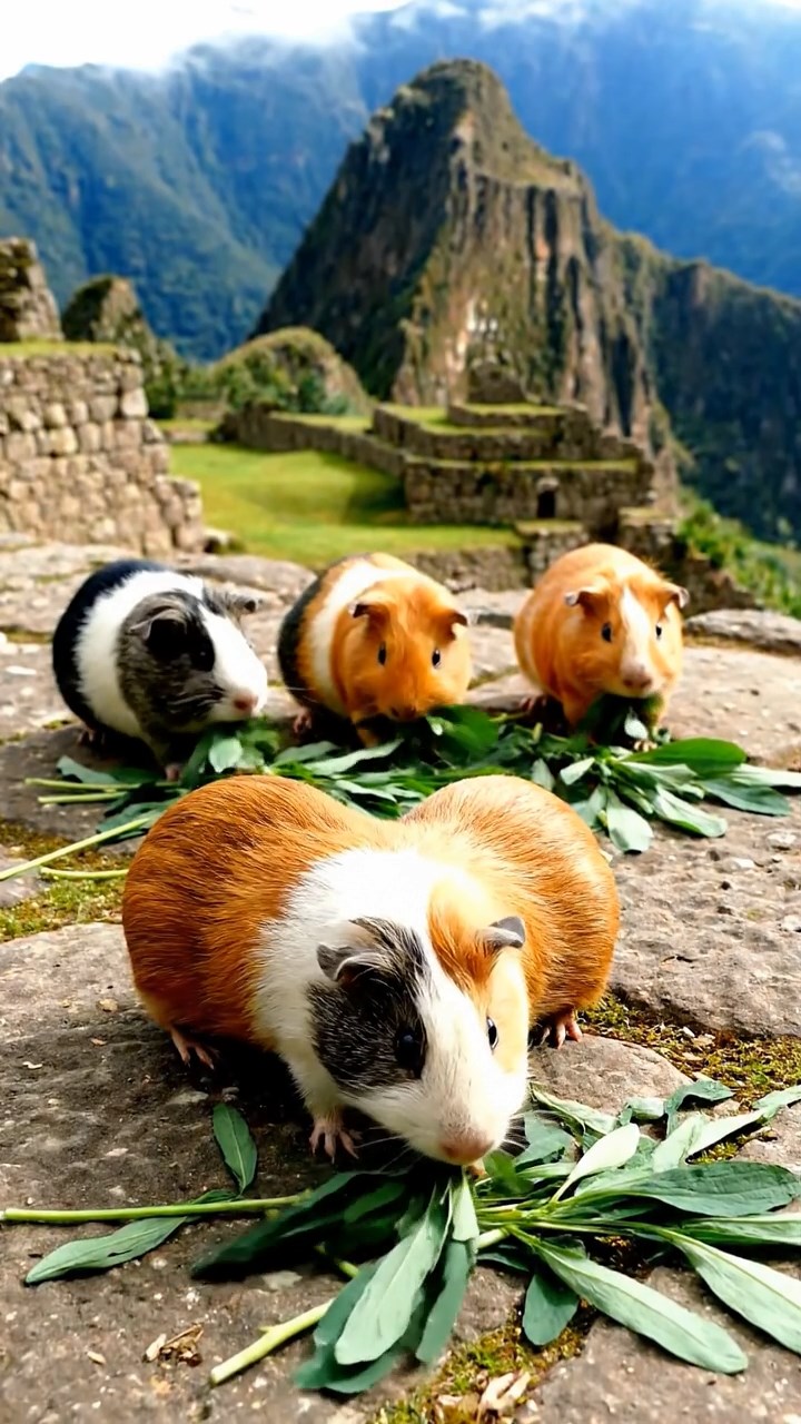 1269. Photorealistic image of 5 smooth-haired White Crested guinea pigs with orange, gray, and black fur, eating alfalfa leaves, on a Incan Machu Picchu stone terrace.