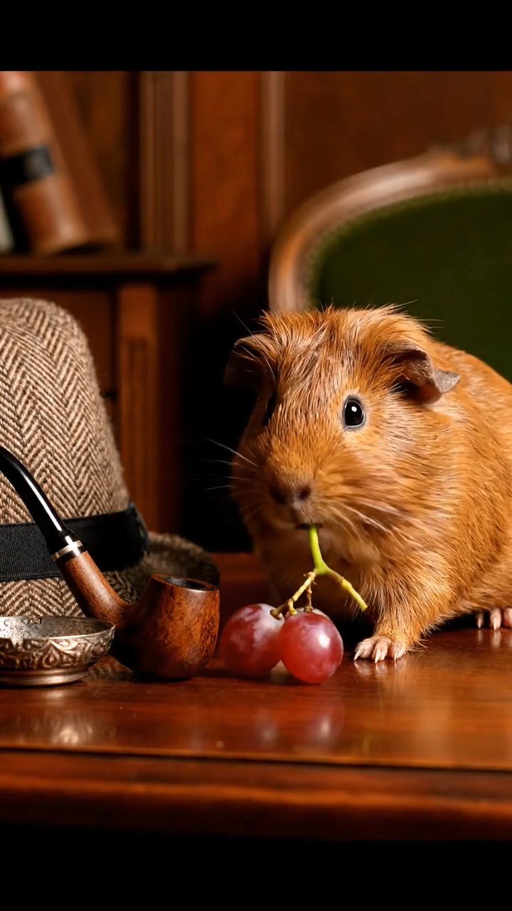 1270. Realistic depiction of 1 smooth-haired Skinny guinea pig with brown fur, nibbling on grape stems, in a Victorian study with deerstalker hat and pipe.