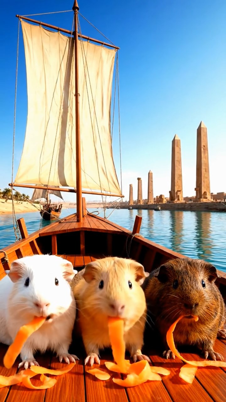 1271. Detailed scene of 4 smooth-haired American guinea pigs featuring cream, fawn, and chocolate coats, chewing on carrot peels, on a Egyptian Nile sailboat with obelisks afar.