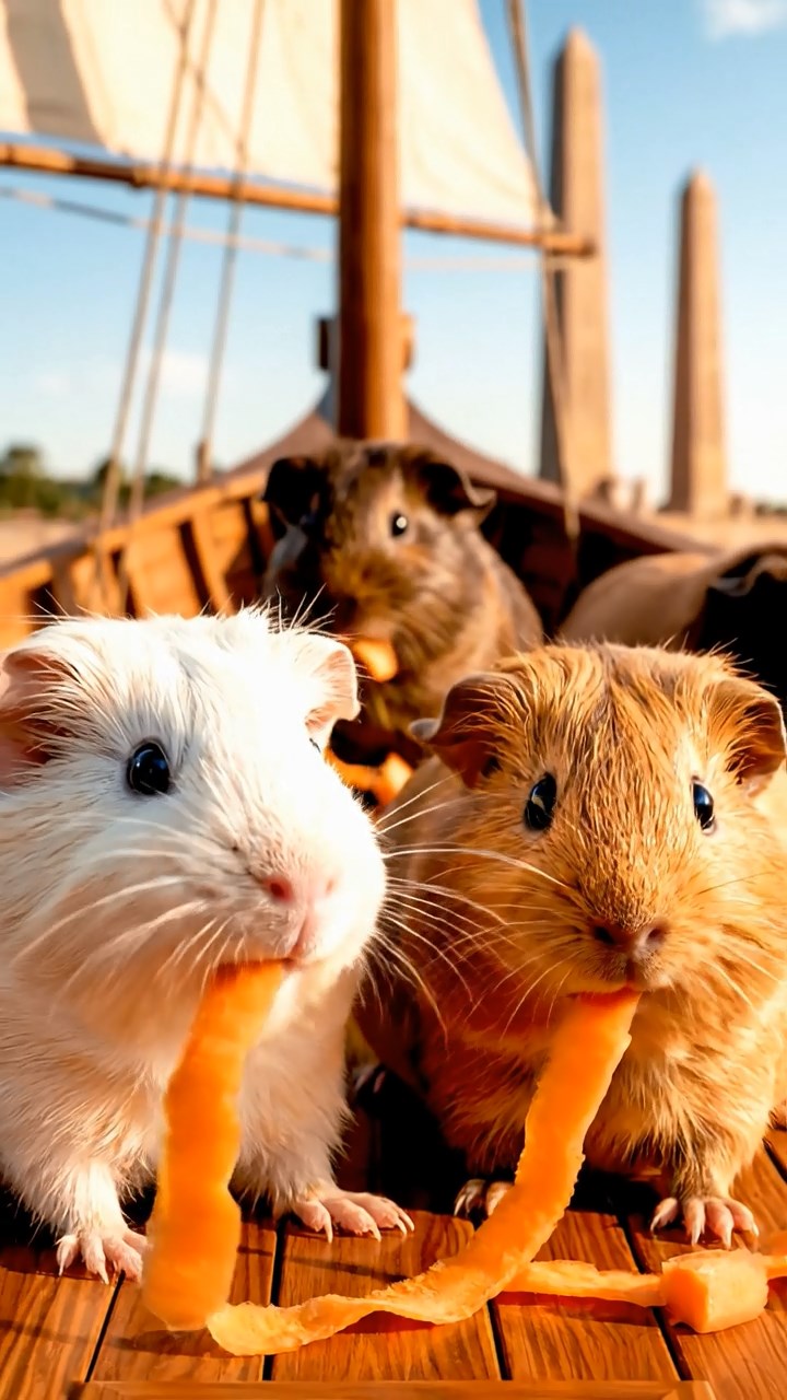 1271. Detailed scene of 4 smooth-haired American guinea pigs featuring cream, fawn, and chocolate coats, chewing on carrot peels, on a Egyptian Nile sailboat with obelisks afar.