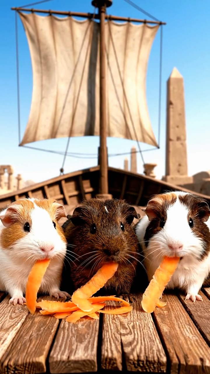 1271. Detailed scene of 4 smooth-haired American guinea pigs featuring cream, fawn, and chocolate coats, chewing on carrot peels, on a Egyptian Nile sailboat with obelisks afar.