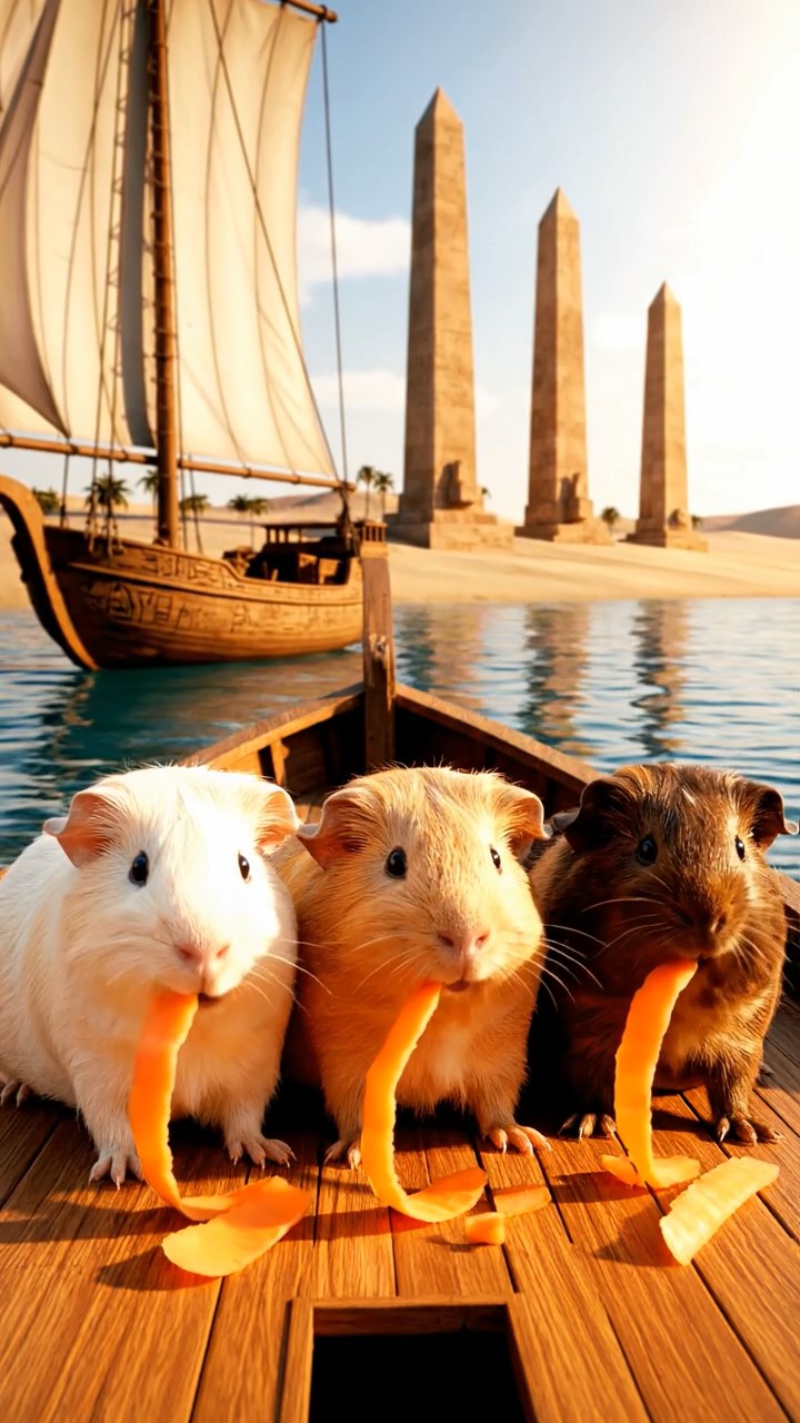 1271. Detailed scene of 4 smooth-haired American guinea pigs featuring cream, fawn, and chocolate coats, chewing on carrot peels, on a Egyptian Nile sailboat with obelisks afar.