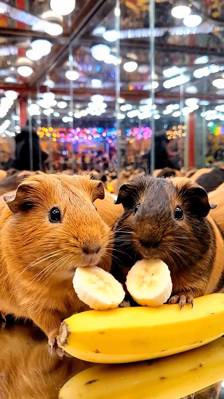 1272. Photorealistic photo of 2 smooth-haired Abyssinian guinea pigs with cinnamon and sable fur, sharing banana slices, in a hall of mirrors carnival attraction with distortions.