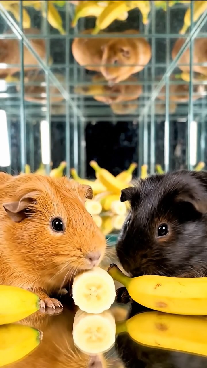 1272. Photorealistic photo of 2 smooth-haired Abyssinian guinea pigs with cinnamon and sable fur, sharing banana slices, in a hall of mirrors carnival attraction with distortions.