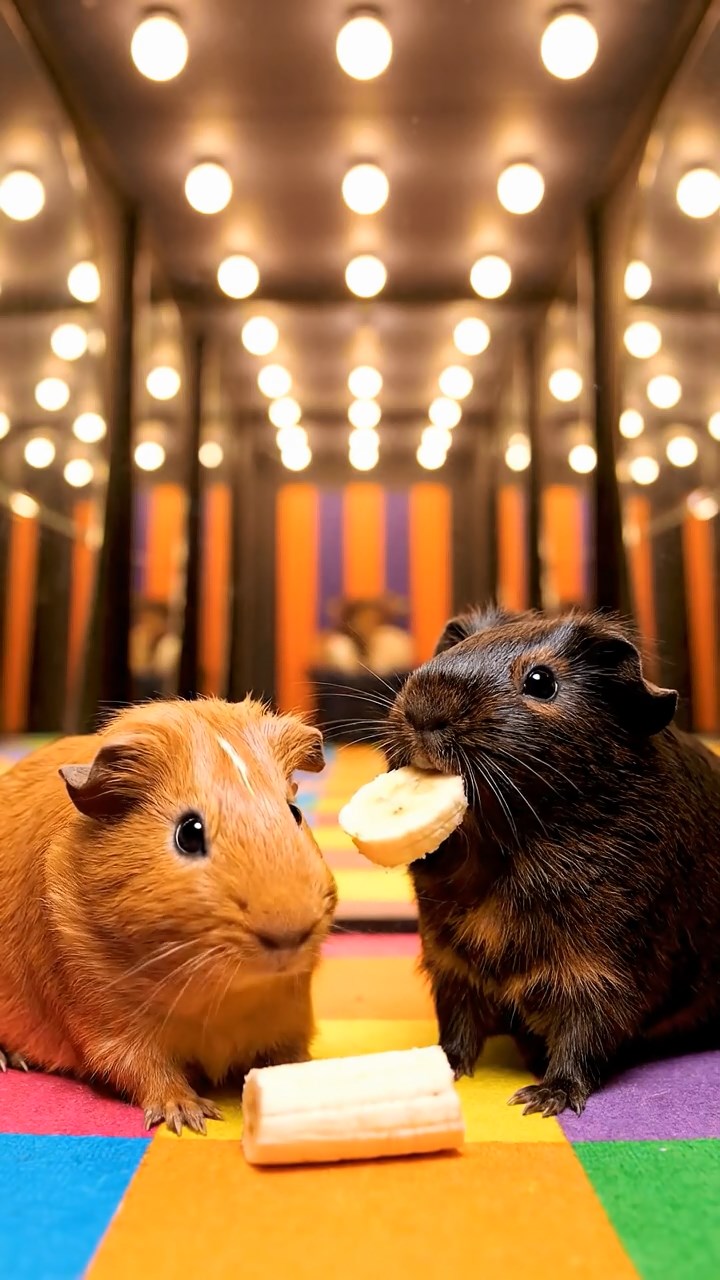 1272. Photorealistic photo of 2 smooth-haired Abyssinian guinea pigs with cinnamon and sable fur, sharing banana slices, in a hall of mirrors carnival attraction with distortions.