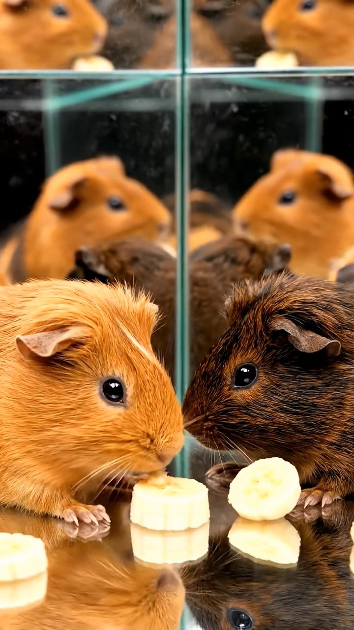 1272. Photorealistic photo of 2 smooth-haired Abyssinian guinea pigs with cinnamon and sable fur, sharing banana slices, in a hall of mirrors carnival attraction with distortions.