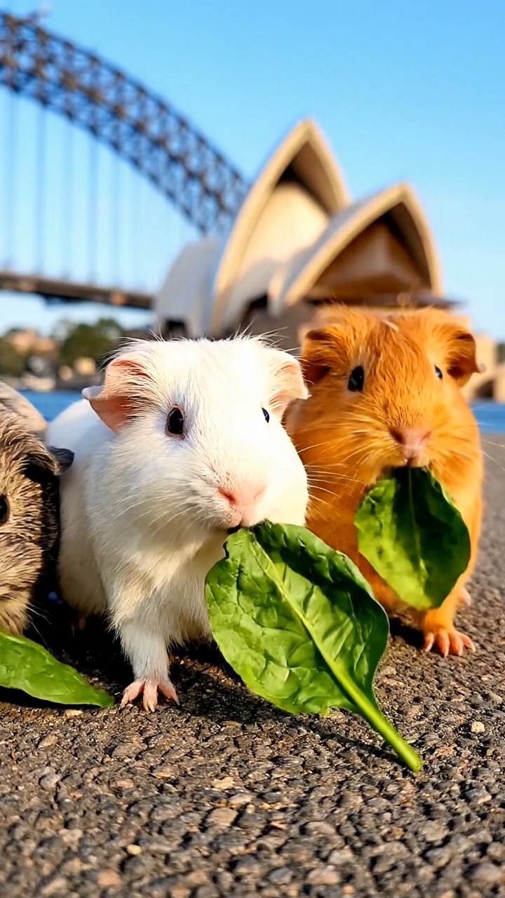 1273. Realistic image of 3 smooth-haired Peruvian guinea pigs with white, orange, and gray fur, munching on spinach leaves, atop a Sydney Harbour Bridge walkway with opera house view.