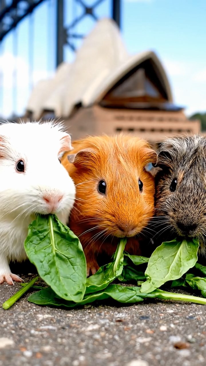 1273. Realistic image of 3 smooth-haired Peruvian guinea pigs with white, orange, and gray fur, munching on spinach leaves, atop a Sydney Harbour Bridge walkway with opera house view.