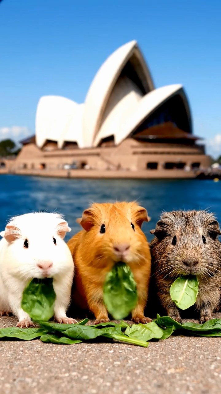 1273. Realistic image of 3 smooth-haired Peruvian guinea pigs with white, orange, and gray fur, munching on spinach leaves, atop a Sydney Harbour Bridge walkway with opera house view.