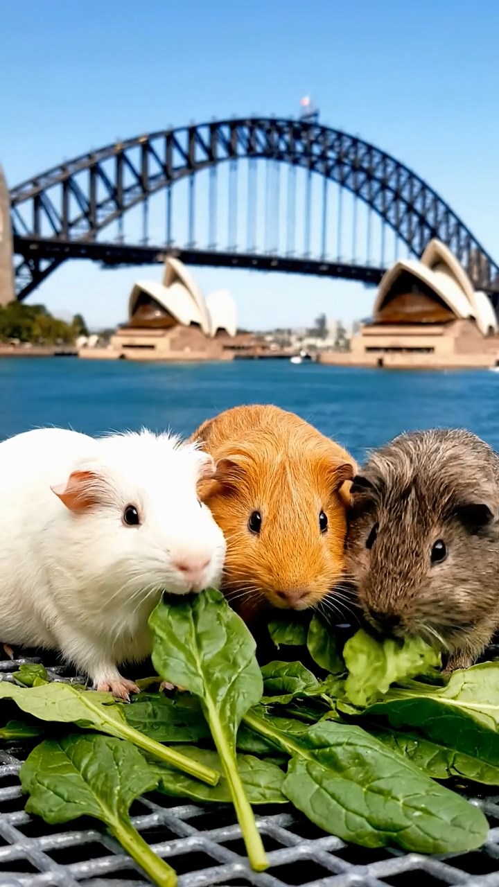 1273. Realistic image of 3 smooth-haired Peruvian guinea pigs with white, orange, and gray fur, munching on spinach leaves, atop a Sydney Harbour Bridge walkway with opera house view.